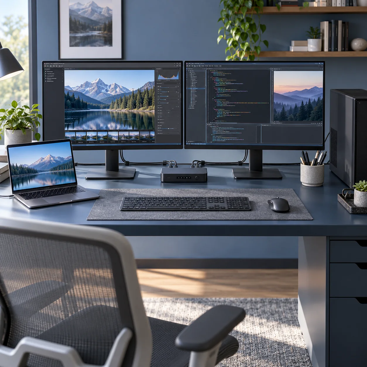 Dual-monitor workstation with shared keyboard and mouse
