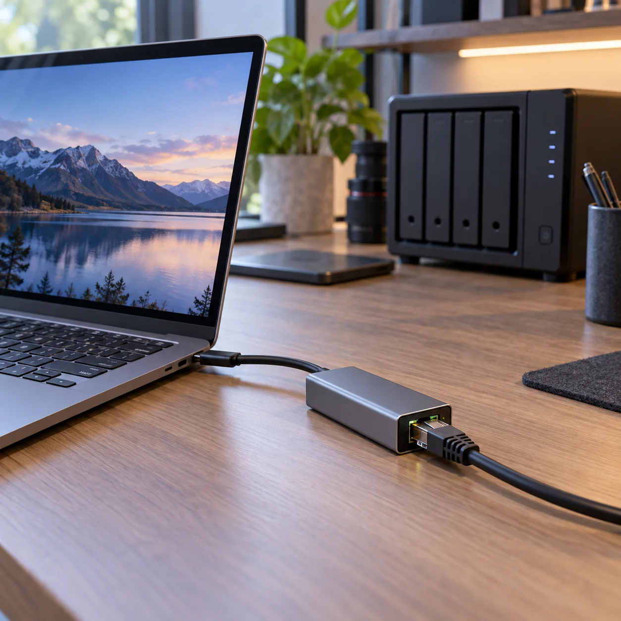 Laptop connected to a multi-gig Ethernet adapter