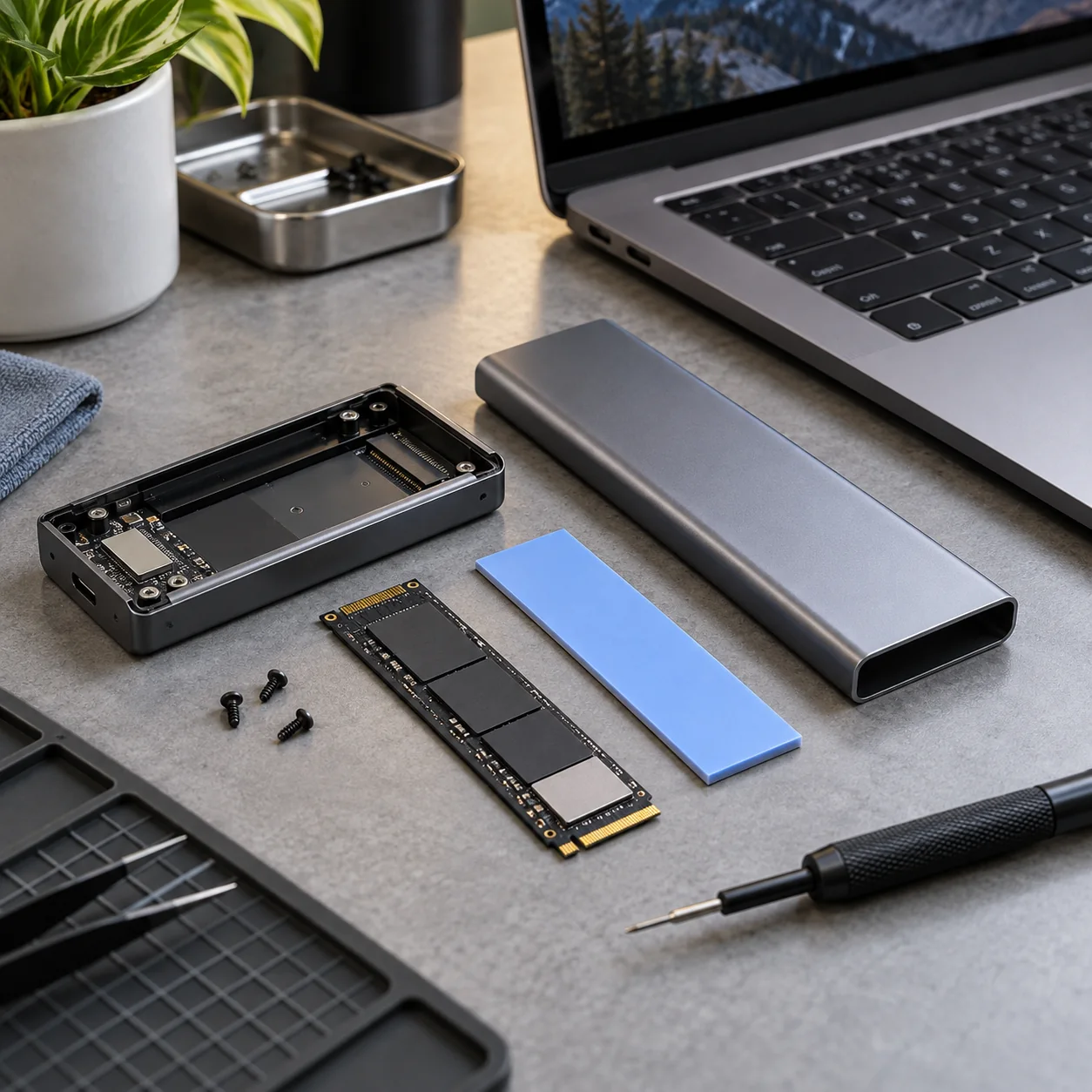 NVMe SSD and external enclosure on a technical workbench